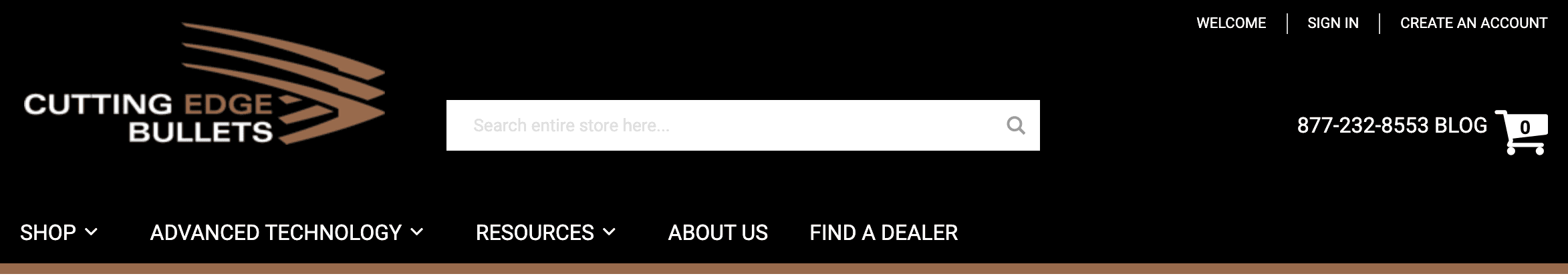 Cutting Edge Bullets site header, before updates